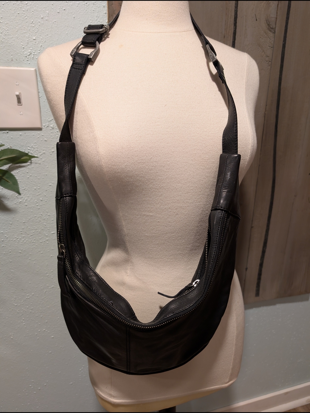 Free People Black Leather Crossbody Bag with Zip Pocket